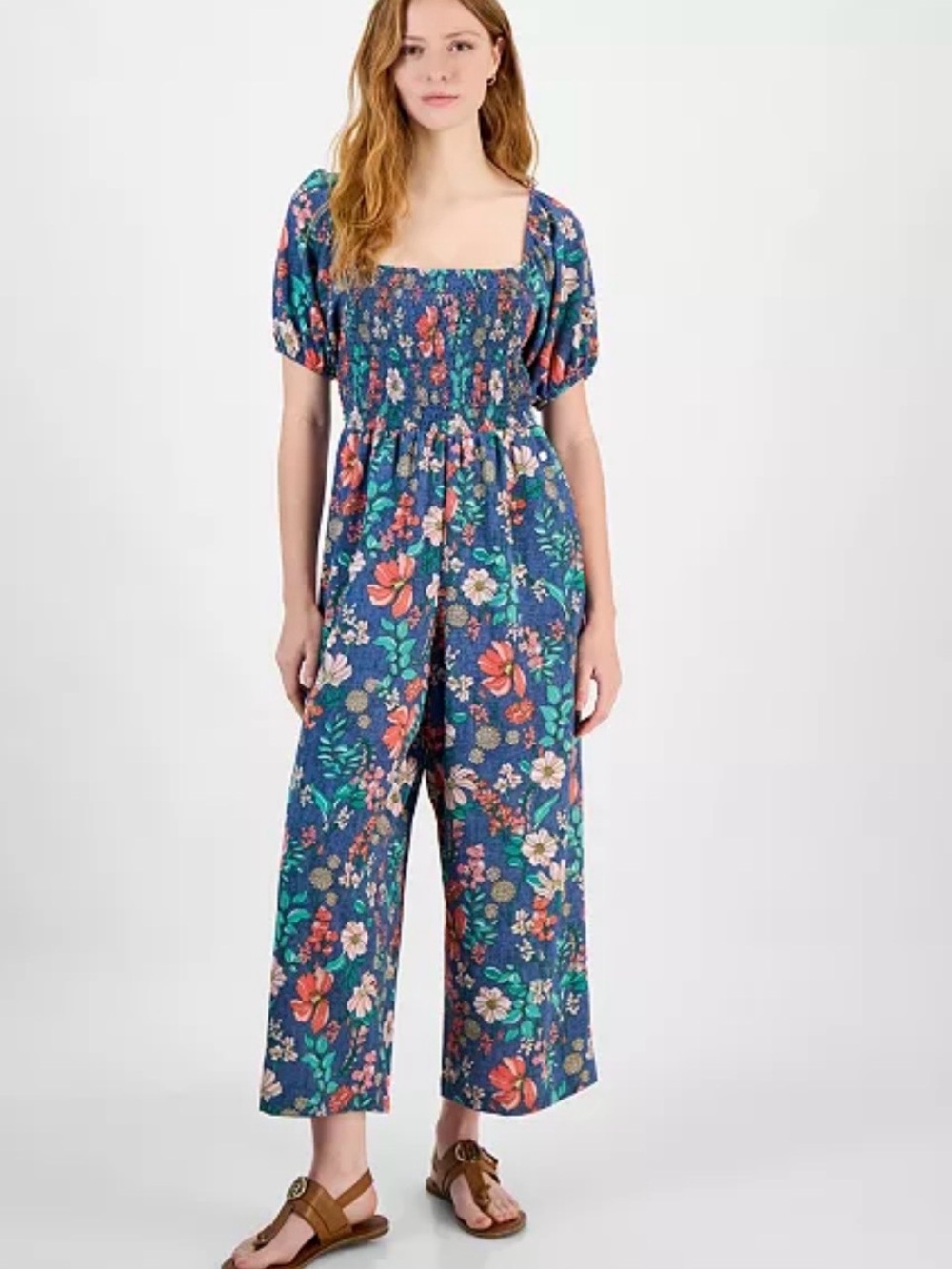 Tommy Hilfiger Blue Floral Smocked Jumpsuit with Puff Sleeves